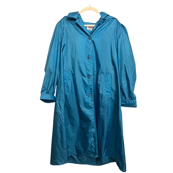 totes Jackets & Blazers - Vintage Totes Coat Teal Blue Nylon Hooded Rain Jacket Womens 14P Retro Longline